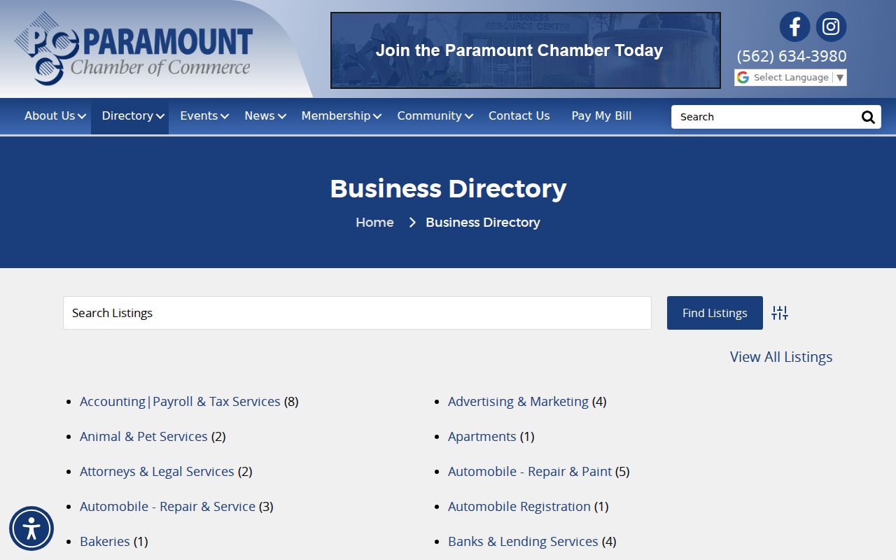 Paramount people directories screen for the Paramount Chamber business directory