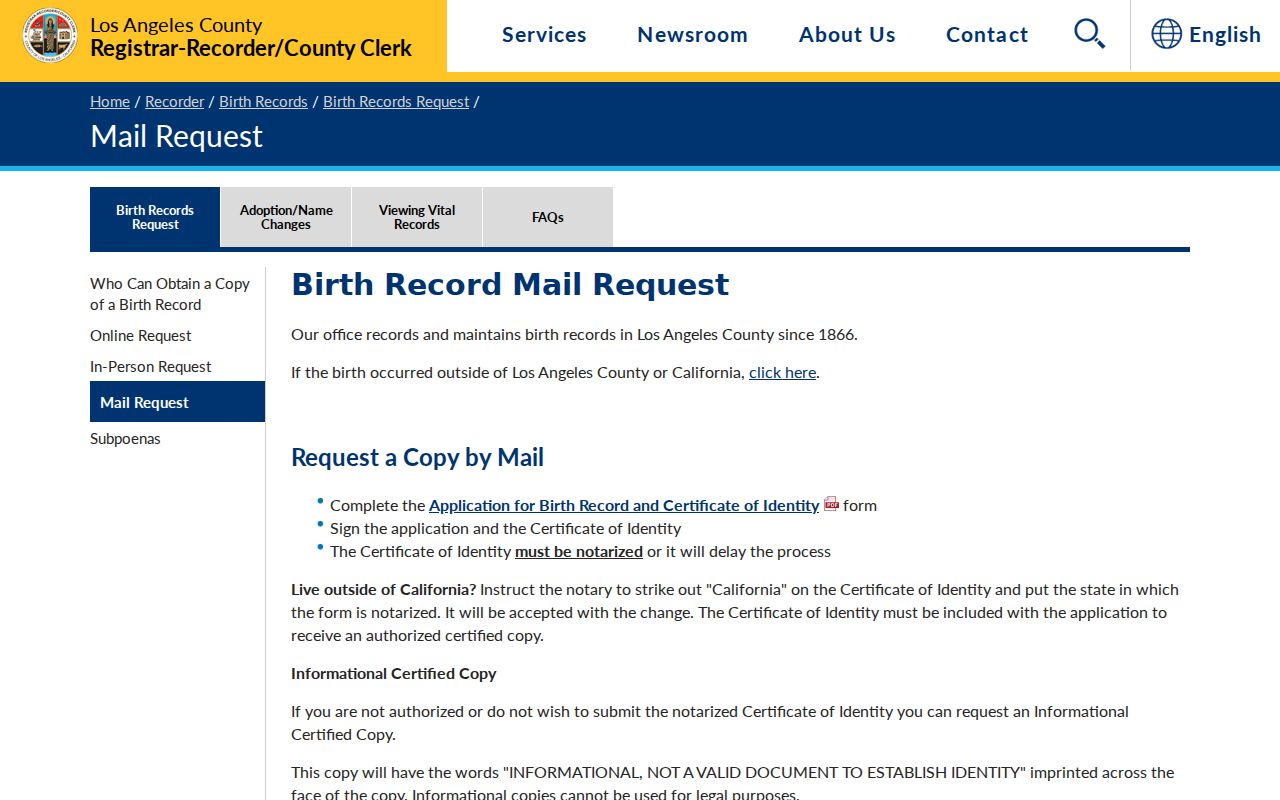 Paramount public records birth certificate mail request