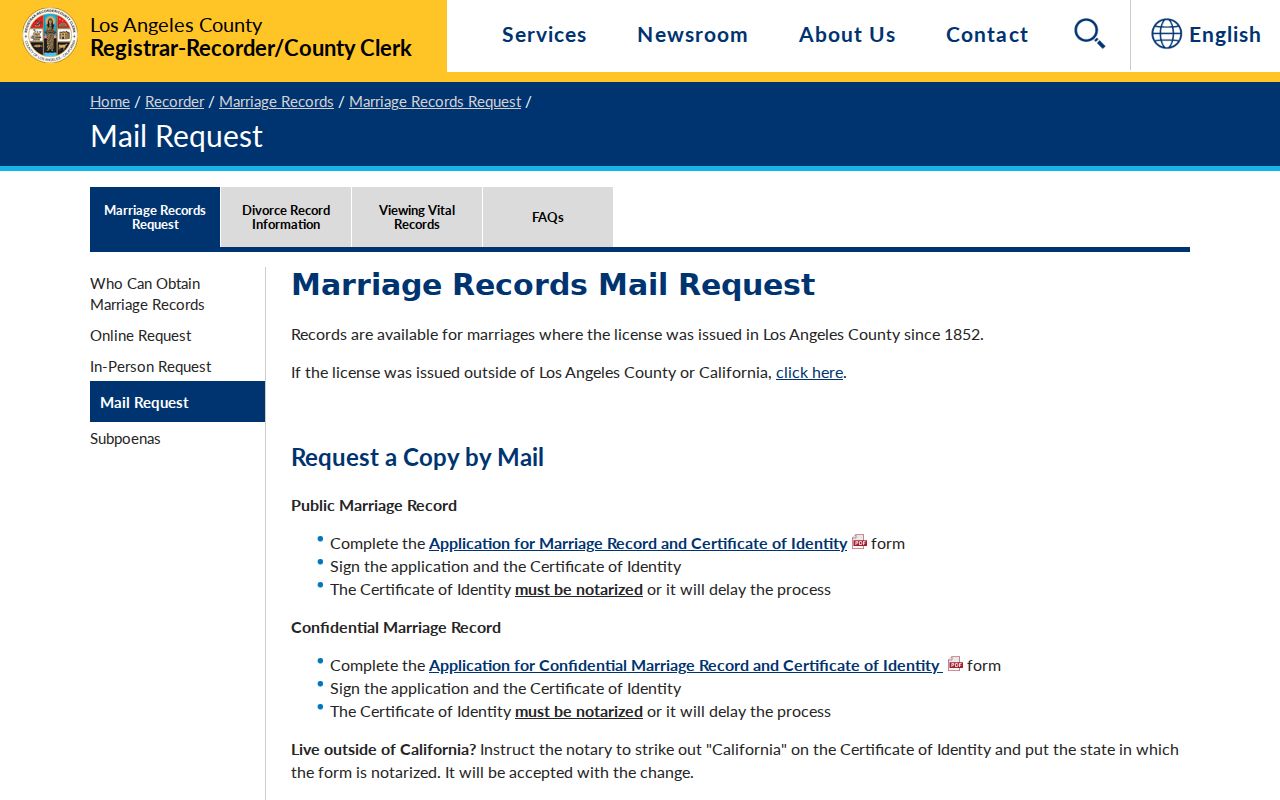 Paramount public records marriage certificate mail request