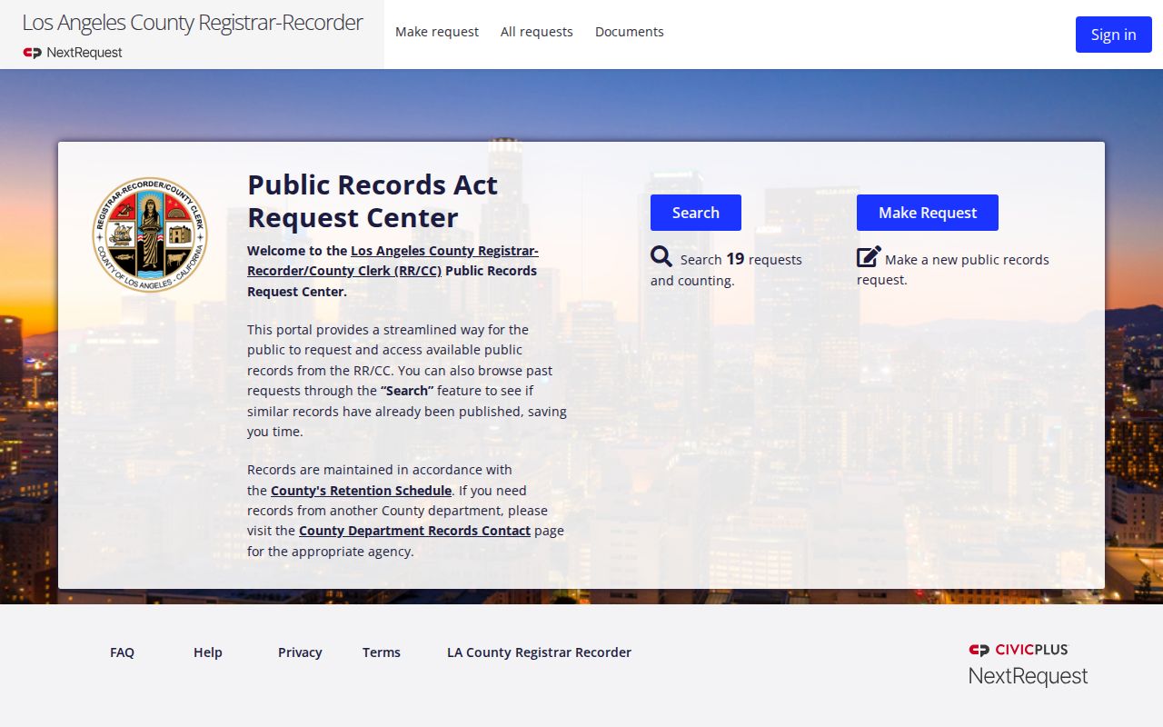 Paramount public records RR/CC request center screen