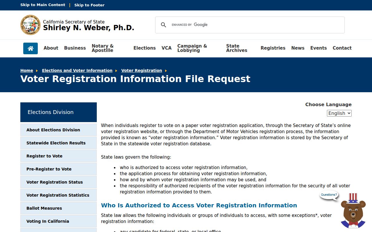 Paramount voter records file request page from California